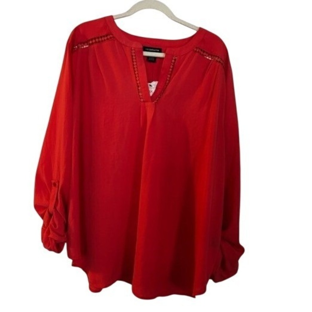 NWT Liz Claiborne Coral Pink Blouse Plus 2X V-Neck Roll Tab Sleeve Career